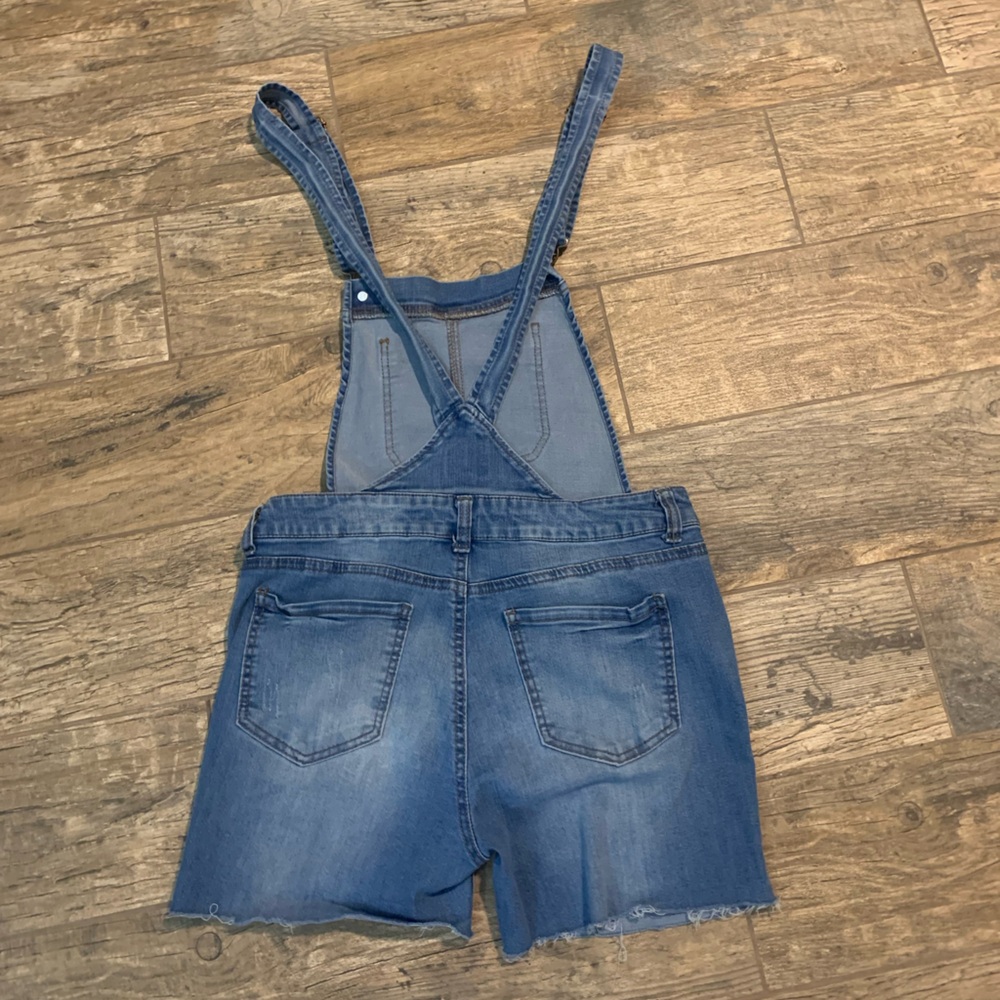 Women’s Wax Jean blue denim distressed short overalls - Picture 2 of 5